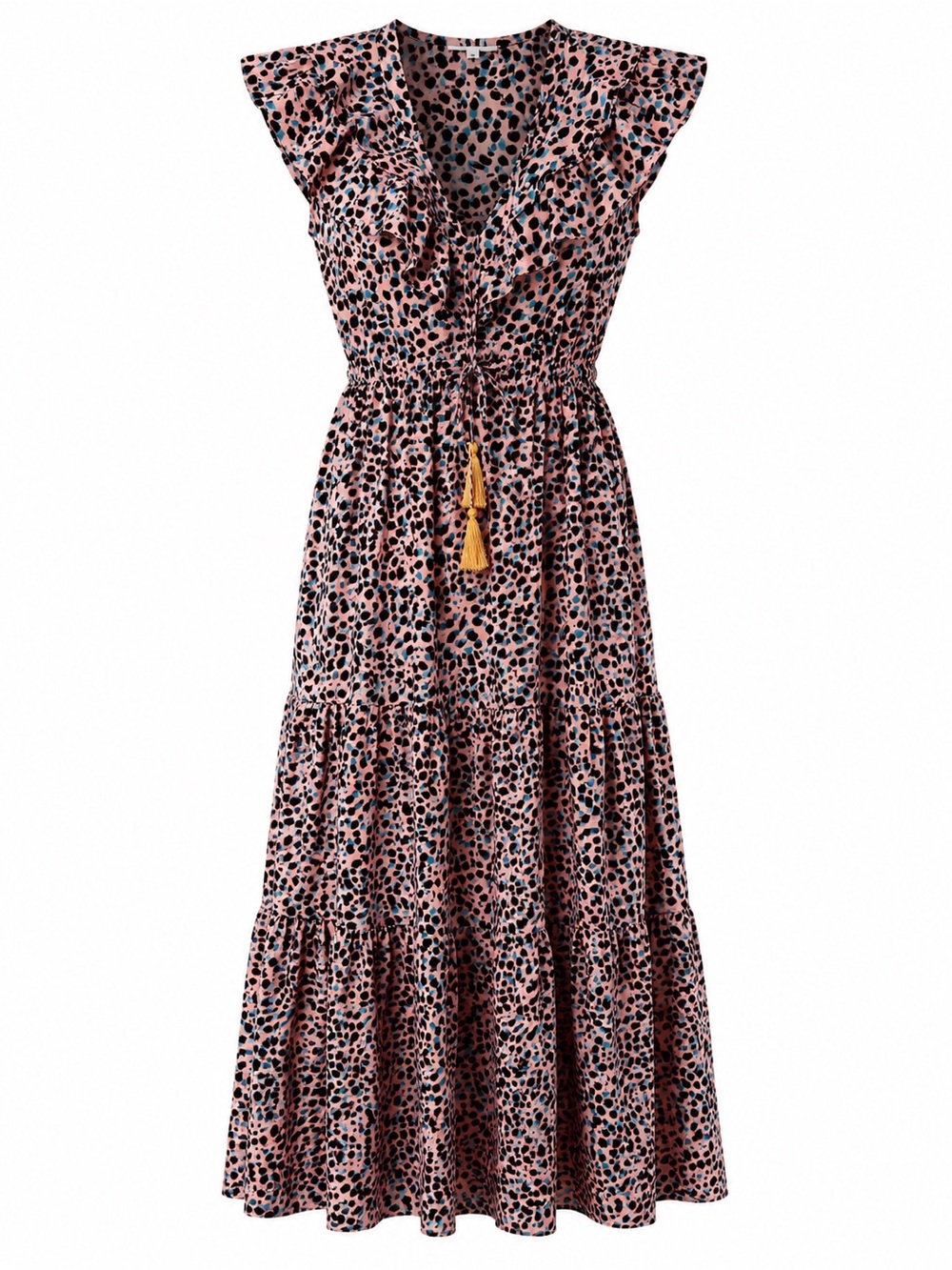 THML Pink Leopard Print Tiered Midi Dress Tassel Tie Boho Resort L cottagecore - Picture 9 of 10